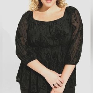 Torrid Flocked Mesh Velour Peasant‎ Black Top Size 2X Square Neck Puff Sleeve
